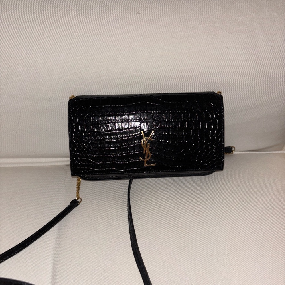 Saint Laurent Black Croc-Embossed Leather Shoulder Bag with Gold Hardware - Picture 2 of 9